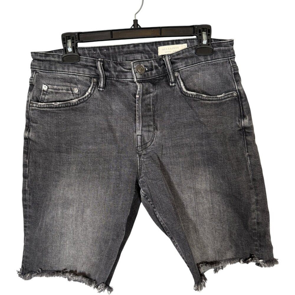 All Saints Men's Switch Faded Black Denim Shorts Button Fly Cut Off 30